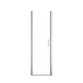 Chrome semi-frameless pivot shower door with clear tempered glass.