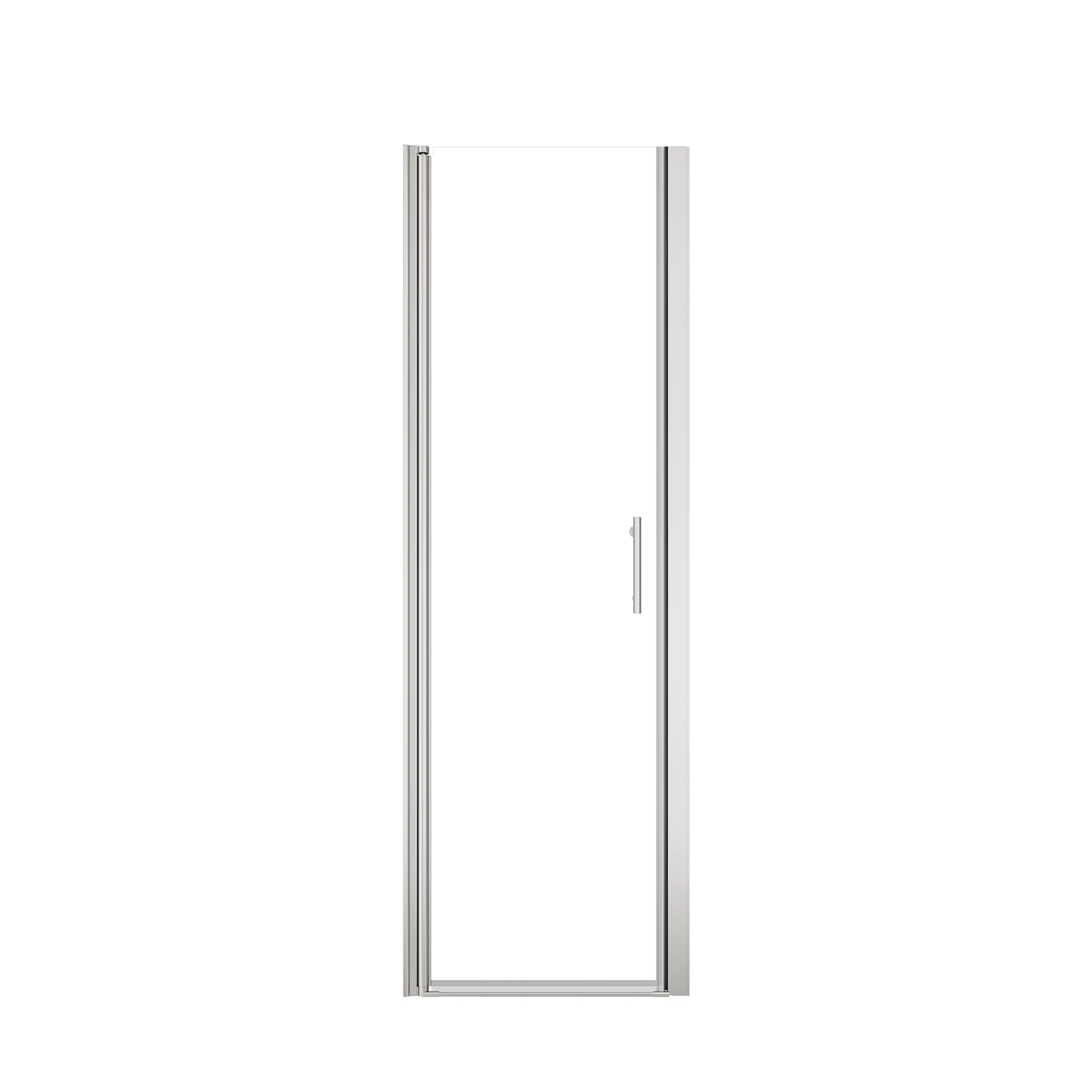 Chrome semi-frameless pivot shower door with clear tempered glass.