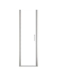 Chrome semi-frameless pivot shower door with clear tempered glass.