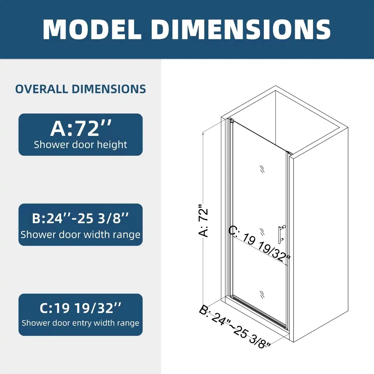 Model dimensions of 24x72 semi-frameless pivot shower door with height, width, and entry measurements | Ace Decor