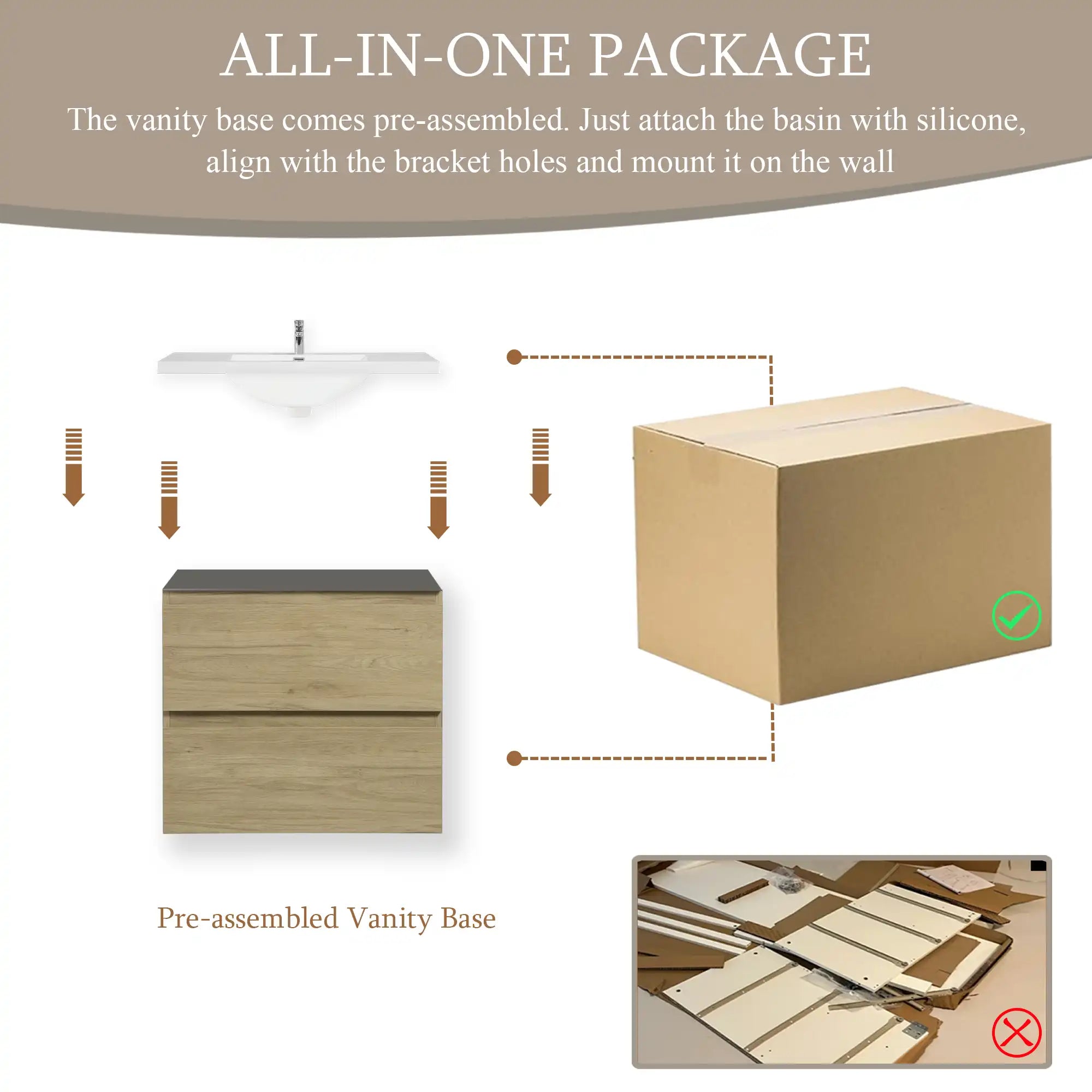 Oakmere Series 24" Natural Oak Bathroom Floating Vanity with Resin Sink &amp; 2 Soft-Close Drawers