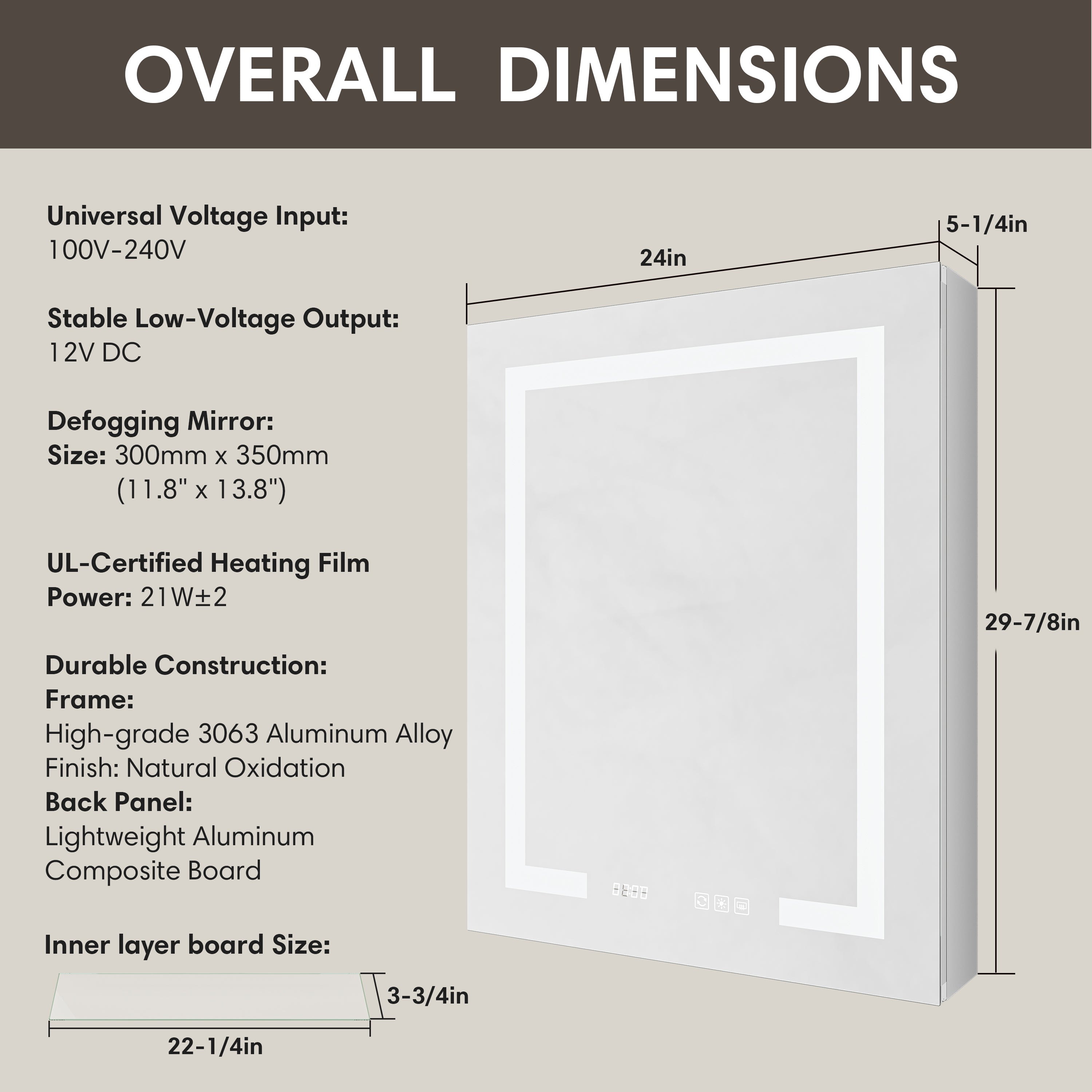 Overall Dimensions of the Pro Shower 24x30 Rectangular Silver Left LED Medicine Cabinet.