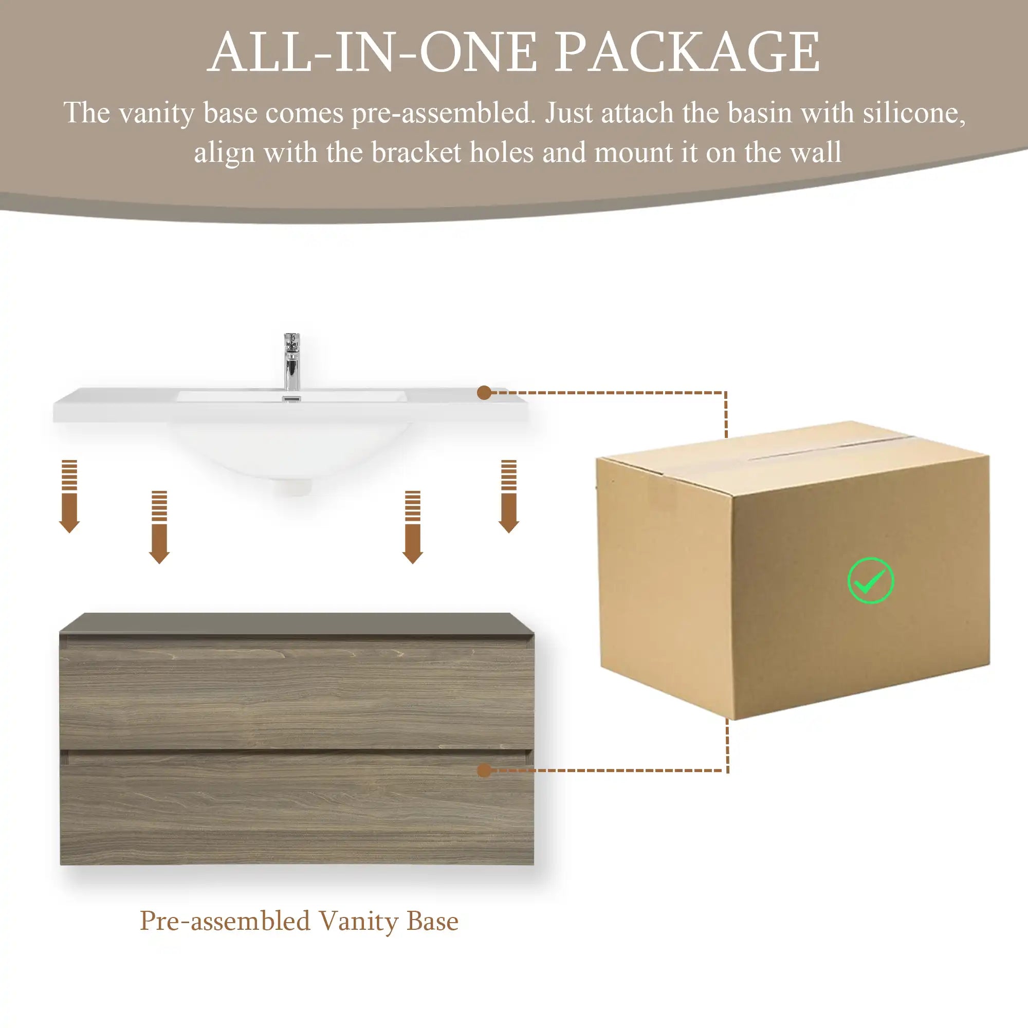 Oakmere Series 42" Ash Grey Bathroom Floating Vanity with Resin Sink &amp; 2 Soft-Close Drawers