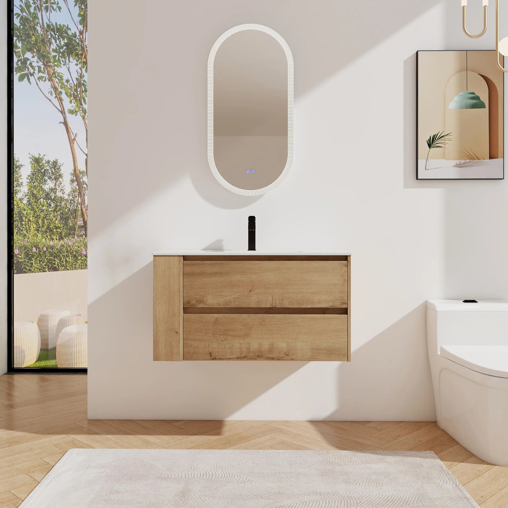 36" wall mounted bathroom vanity with oak finish and integrated sink in modern bathroom | Ace Decor