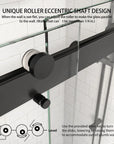 Close-up of adjustable eccentric roller shaft design on frameless sliding shower door, allowing alignment for uneven walls | Ace Decor