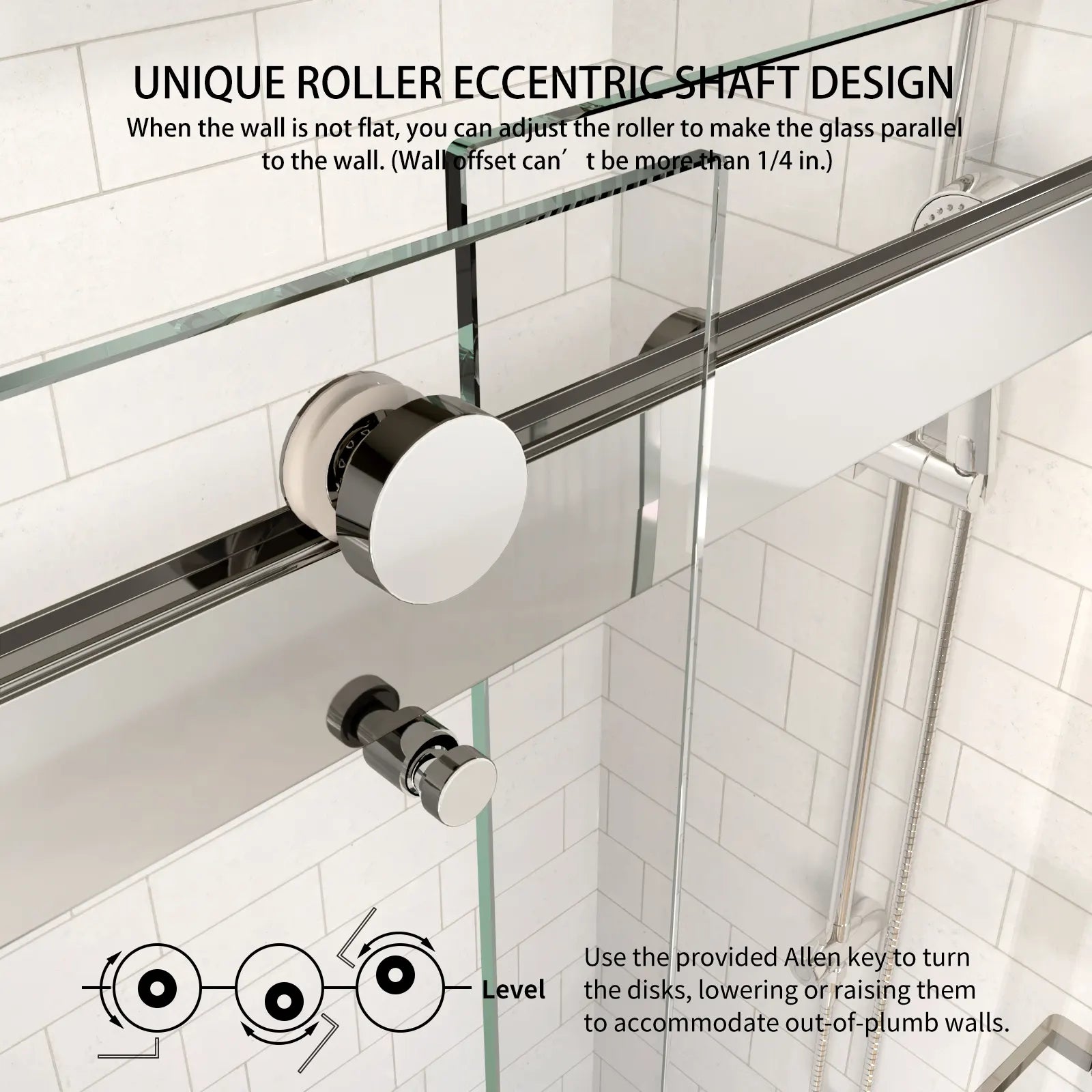 Close-up of adjustable eccentric roller shaft design on frameless sliding shower door, allowing alignment for uneven walls | Ace Decor