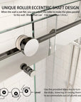 Close-up of adjustable eccentric roller shaft design on frameless sliding shower door, allowing alignment for uneven walls | Ace Decor