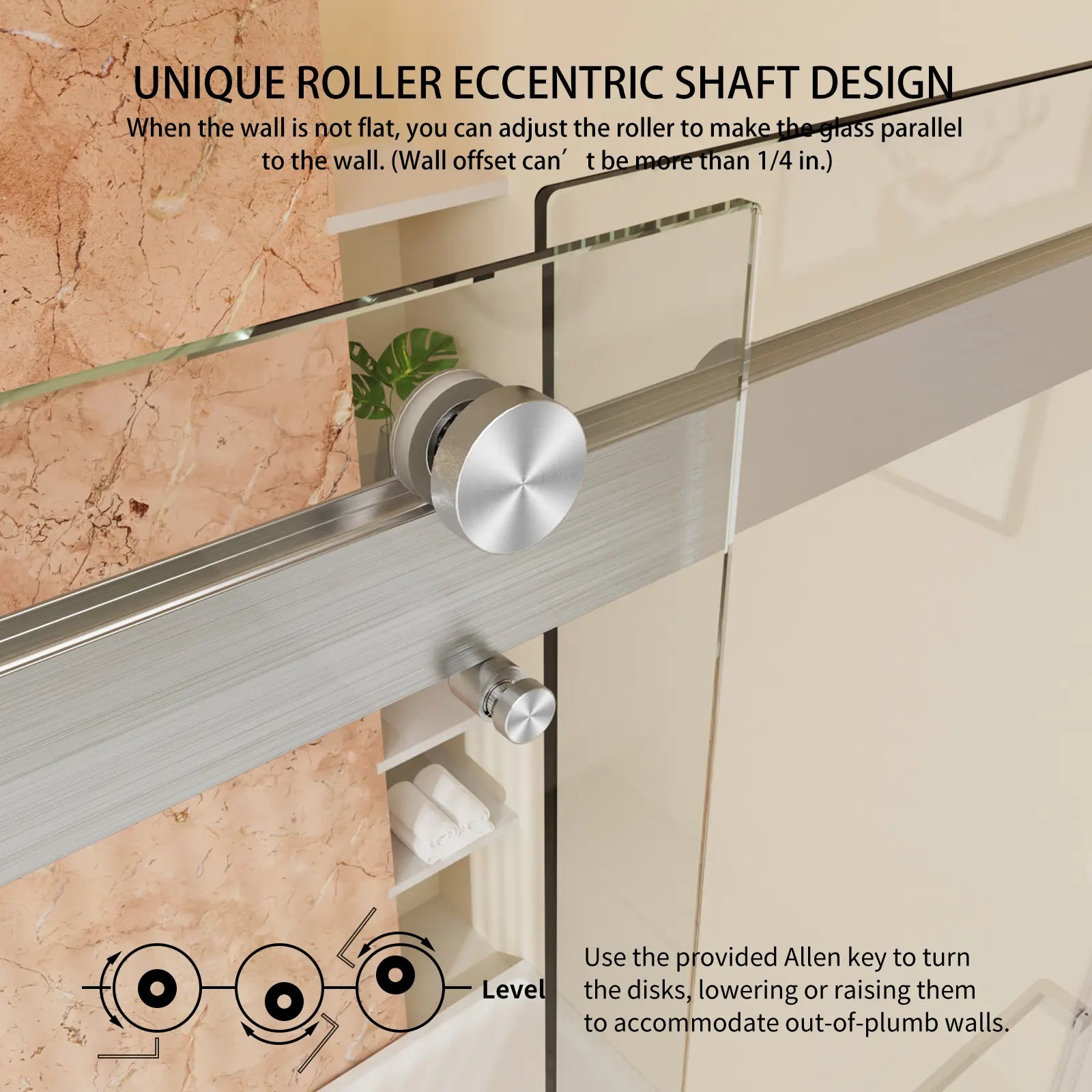 Close-up of adjustable eccentric roller shaft design on frameless sliding shower door, allowing alignment for uneven walls | Ace Decor