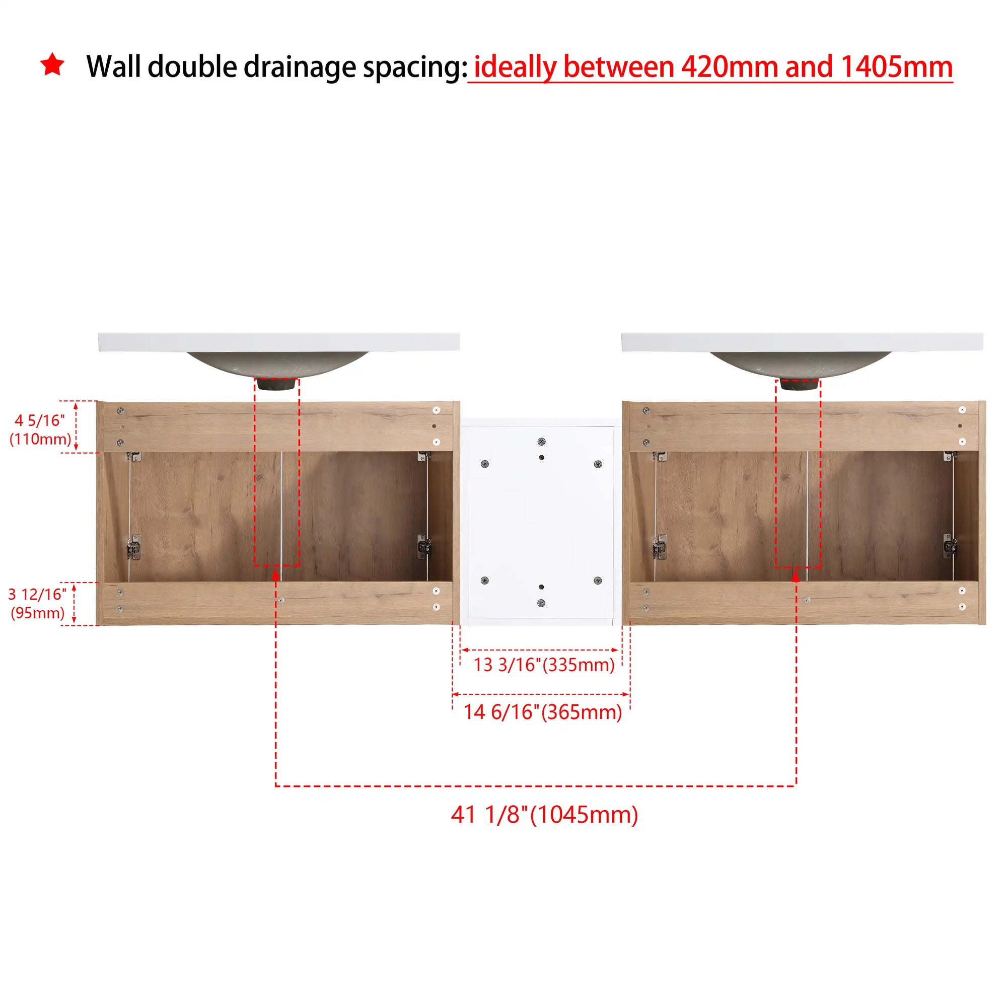 Monterey Series 72" Double Floating Bathroom Vanity in Imitative Oak with Side Cabinet and Integrated Sink