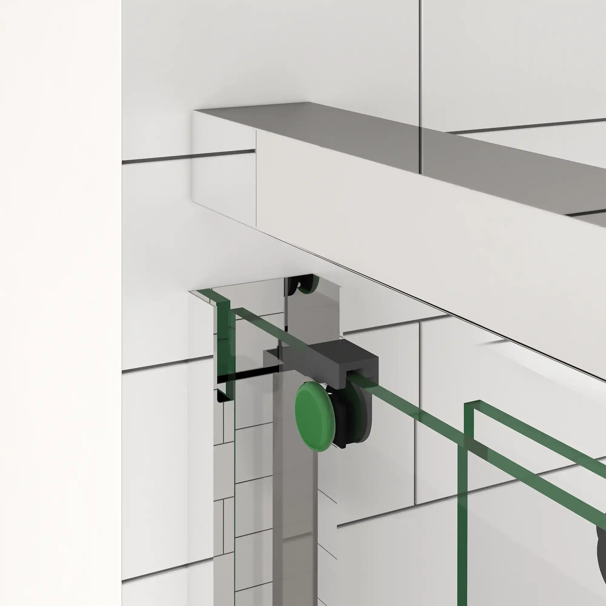 Close-up of 60 x 70 framed glass shower door roller and hardware details | Ace Decor