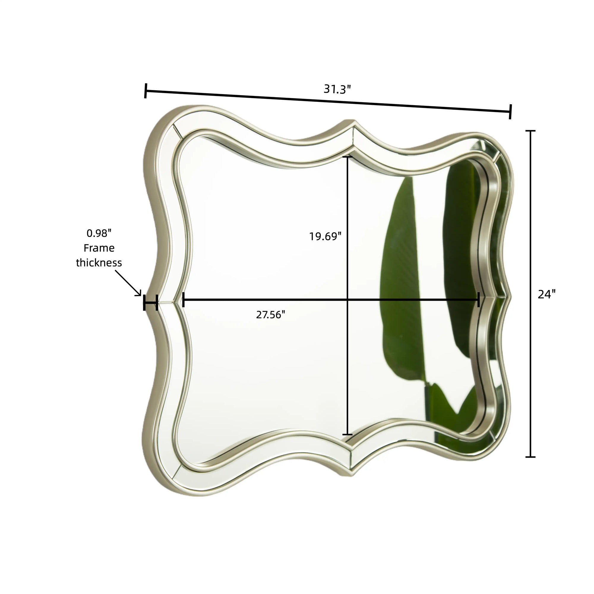 Dimensional view of a 32&quot; x 24&quot; rectangular modern mirror with curved beveled frame | Ace Decor