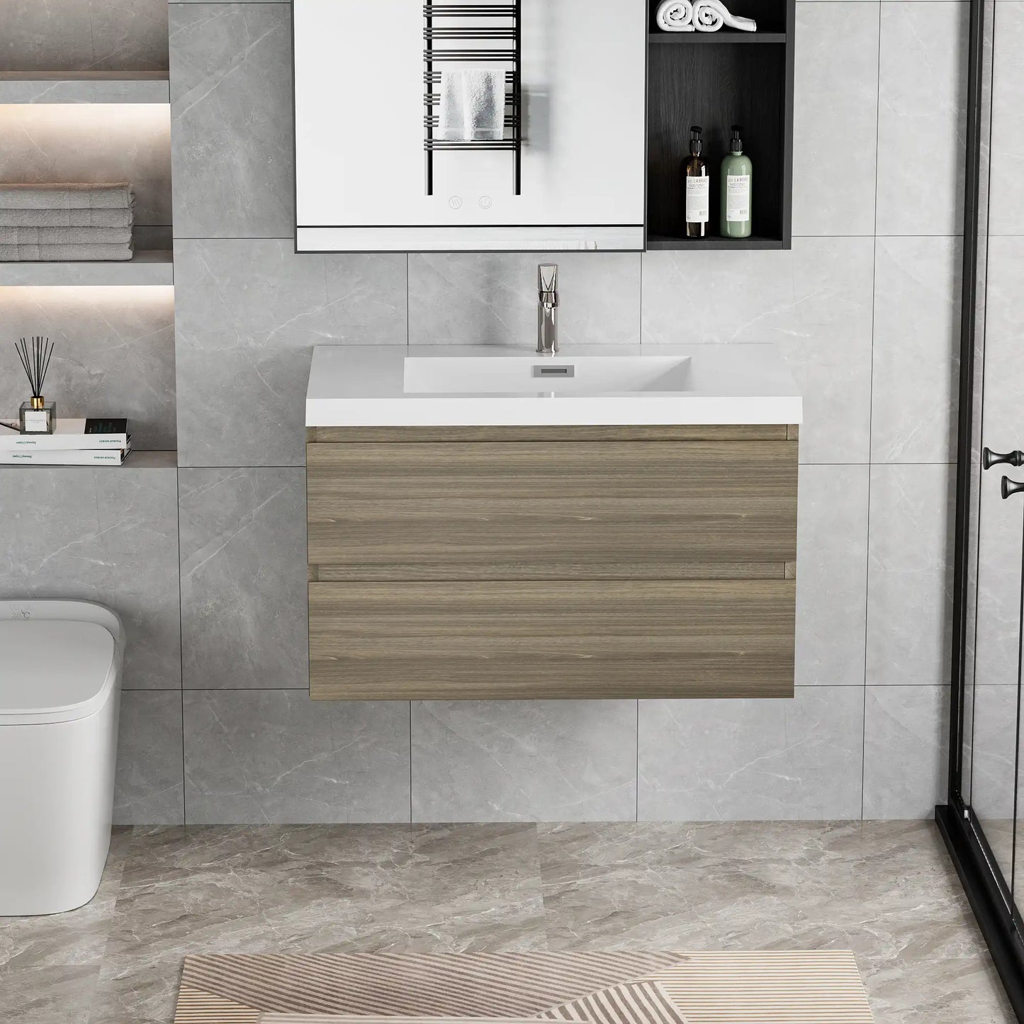 Floating Bathroom Vanity with Resin Top Basin & Soft Close Drawers - Modern Wall-Mounted Storage Cabinet color: Ash Grey