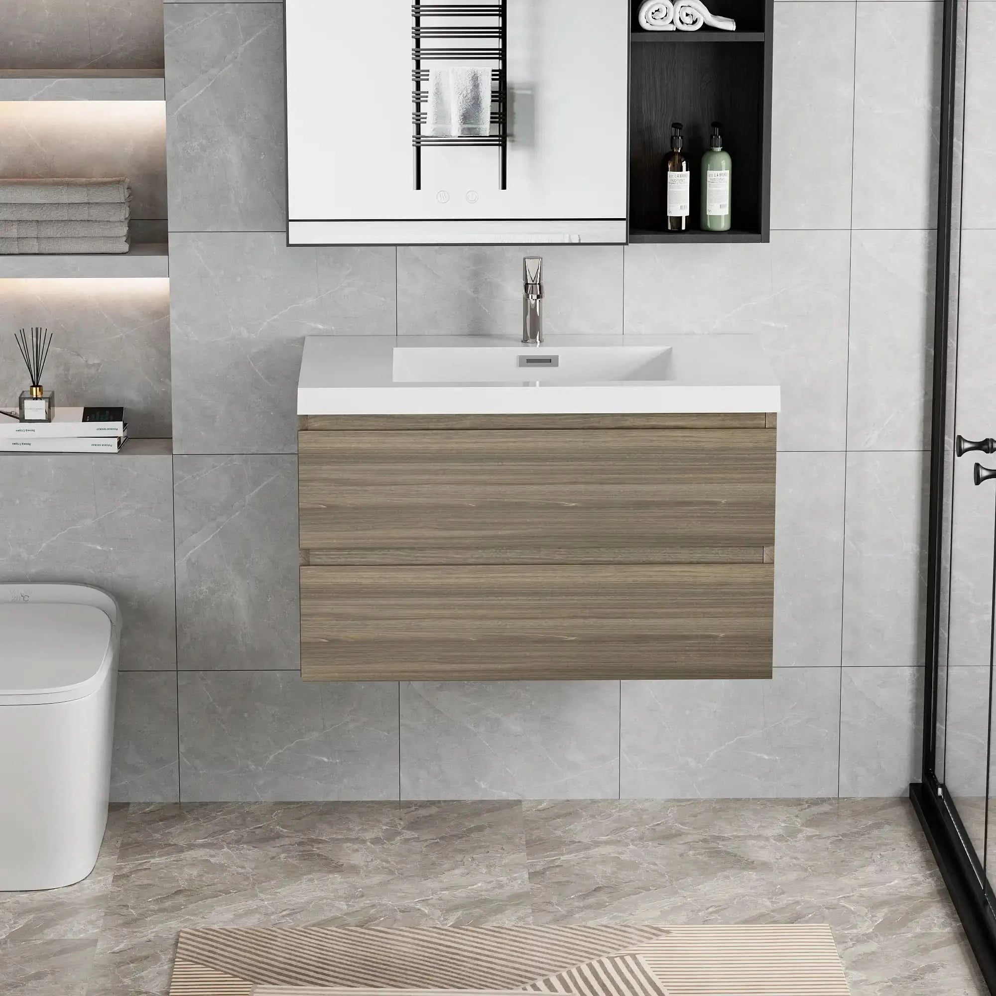 Floating Bathroom Vanity with Resin Top Basin &amp; Soft Close Drawers - Modern Wall-Mounted Storage Cabinet color: Ash Grey