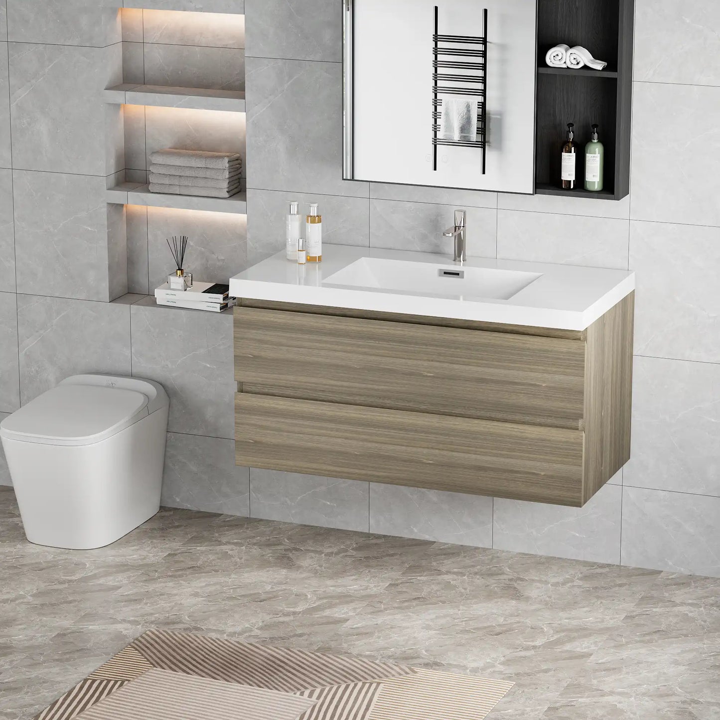 Floating Bathroom Vanity with Resin Top Basin & Soft Close Drawers - Modern Wall-Mounted Storage Cabinet color: Ash Grey