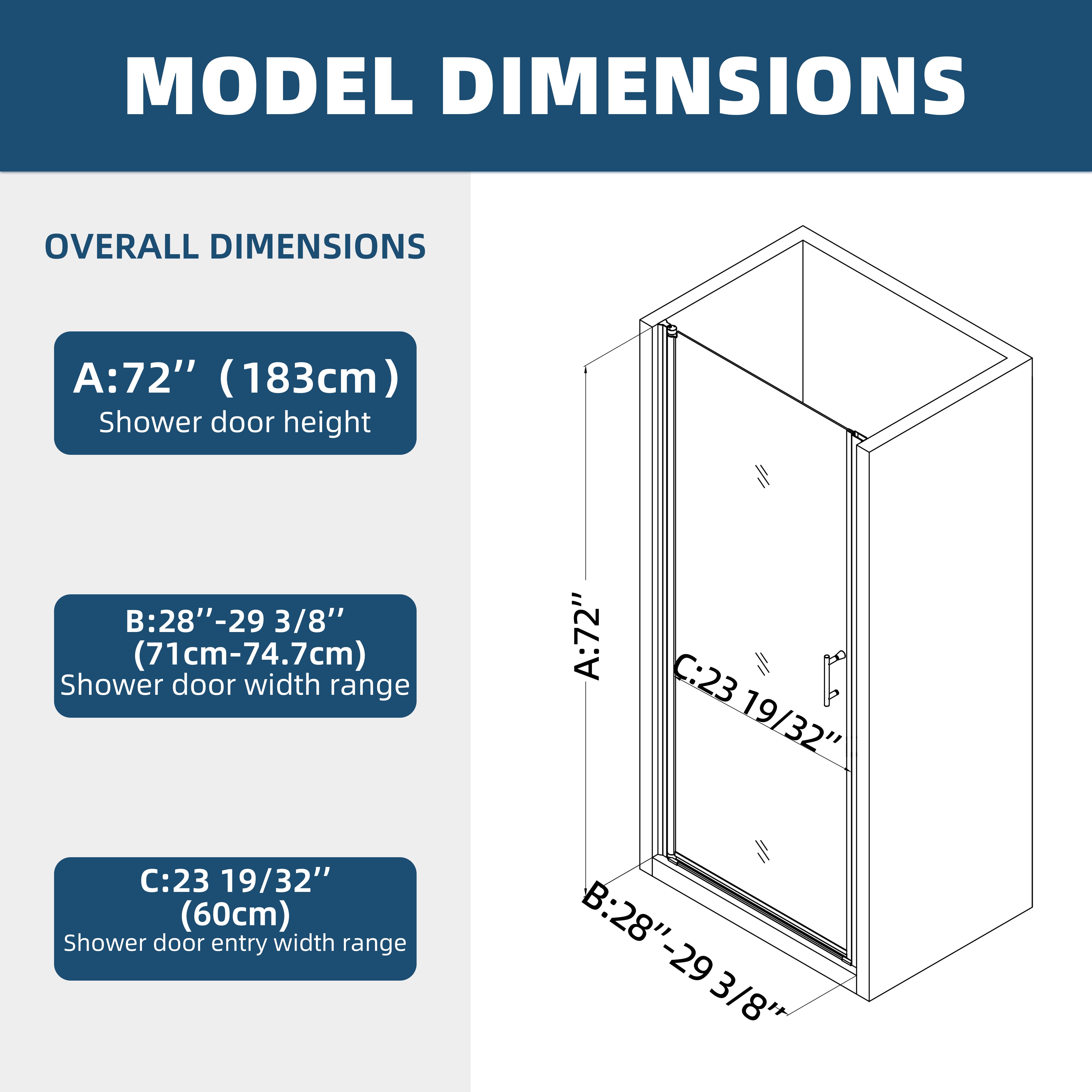 24/28/30/32/34/36*72 Pivot Shower Door Matte Black Chrome Frameless