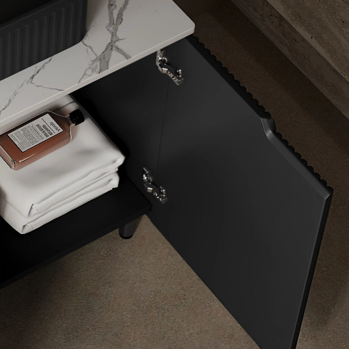 30 inch black bathroom vanity with soft-close cabinet doors and hidden handle design.