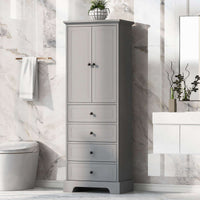 Grey 68-inch bathroom linen cabinet with sleek double doors and four drawers, styled in a marble-wall bathroom beside a modern toilet and vanity.