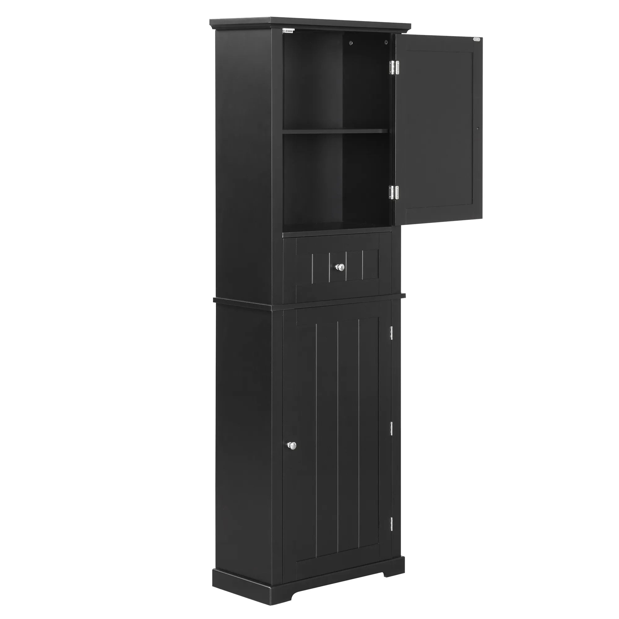Norrin 67.3" Black Tall Narrow Bathroom Storage Cabinet with open upper cabinet door.