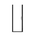 Matte black semi-frameless pivot shower door with clear glass.