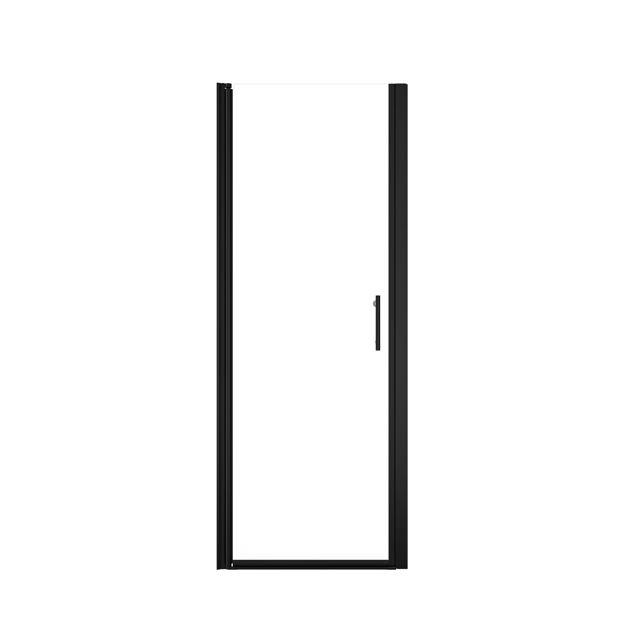Matte black semi-frameless pivot shower door with clear glass.