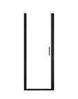 Matte black semi-frameless pivot shower door with clear glass.