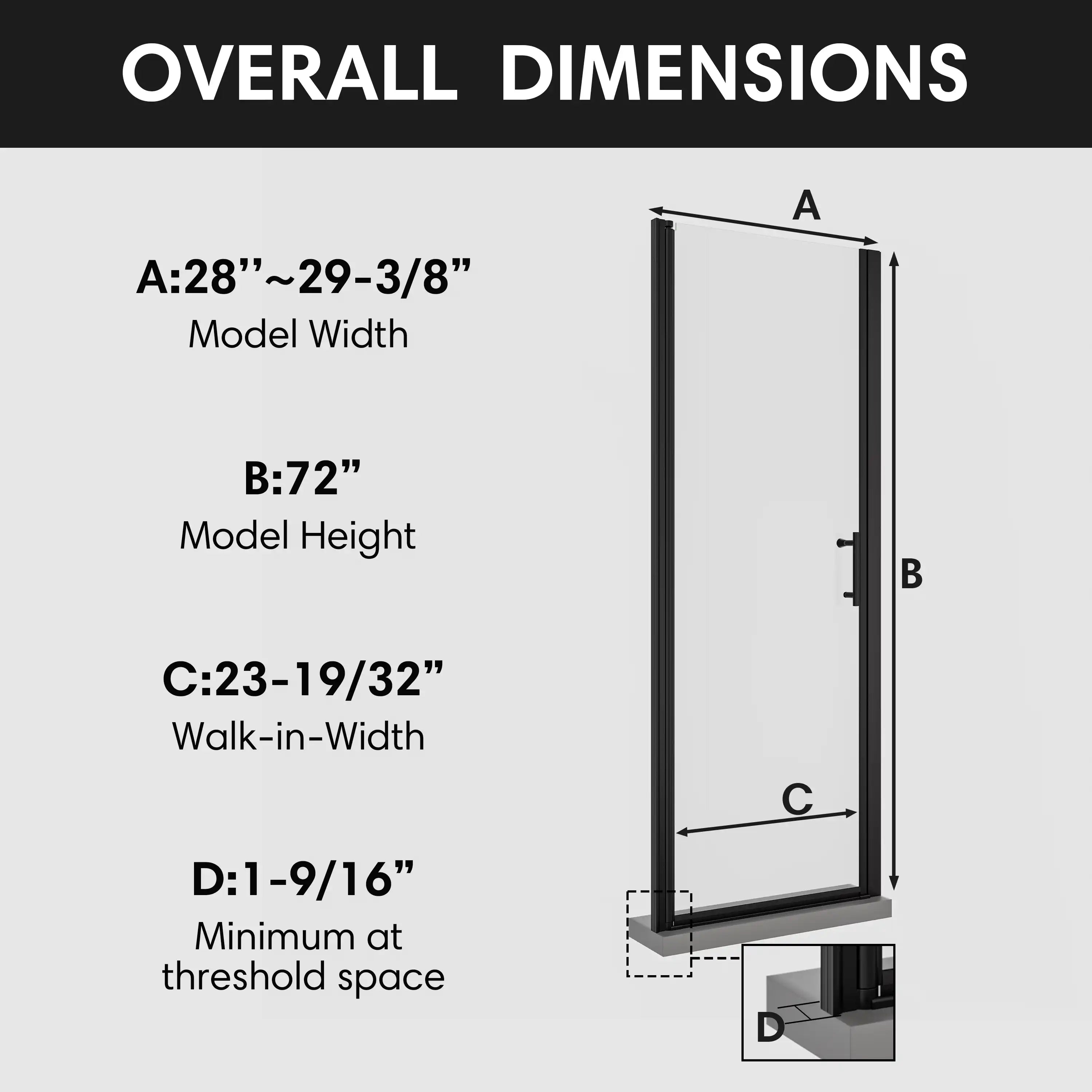 Model dimensions diagram of 28-29 3/8 inch wide and 72 inch high pivot shower door.
