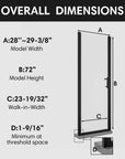 Model dimensions diagram of 28-29 3/8 inch wide and 72 inch high pivot shower door.