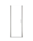 Chrome semi-frameless pivot shower door with clear tempered glass.