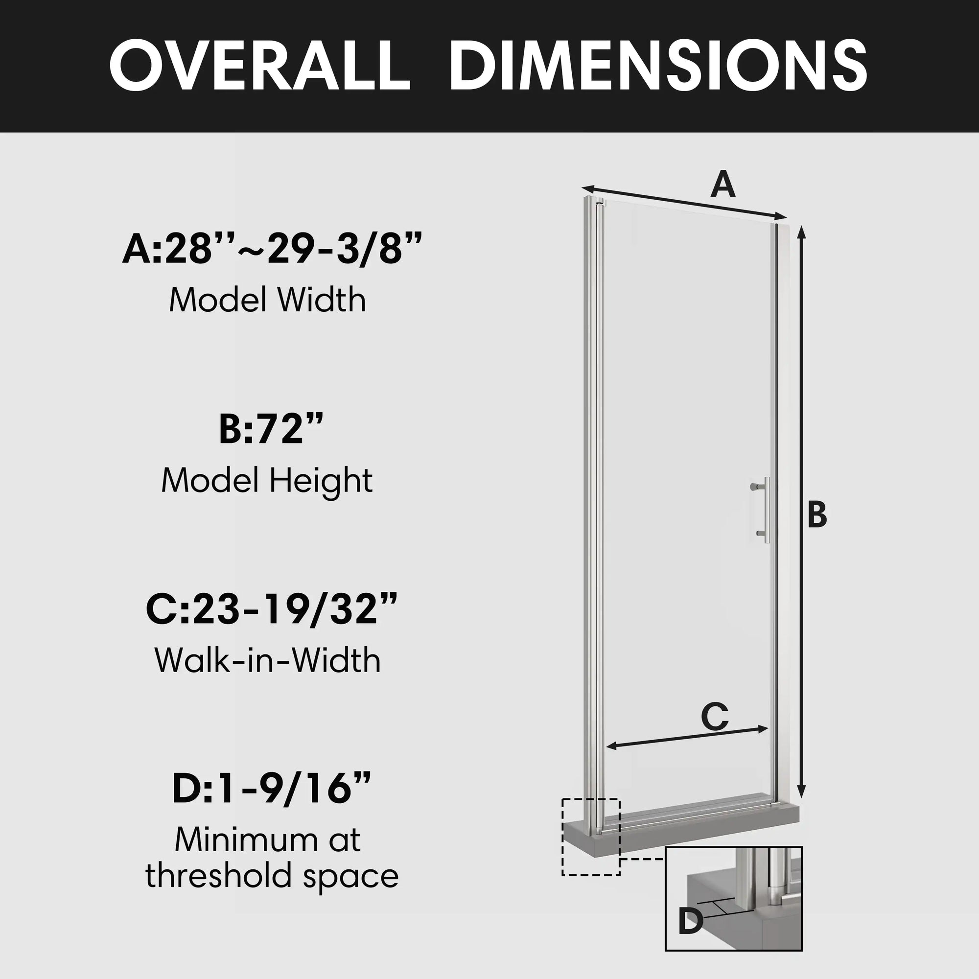 Model dimensions diagram of 28-29 3/8 inch wide and 72 inch high pivot shower door.
