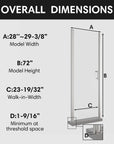 Model dimensions diagram of 28-29 3/8 inch wide and 72 inch high pivot shower door.