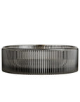 Front view of a 14 inch black bathroom sink with ribbed glass texture | Ace Decor