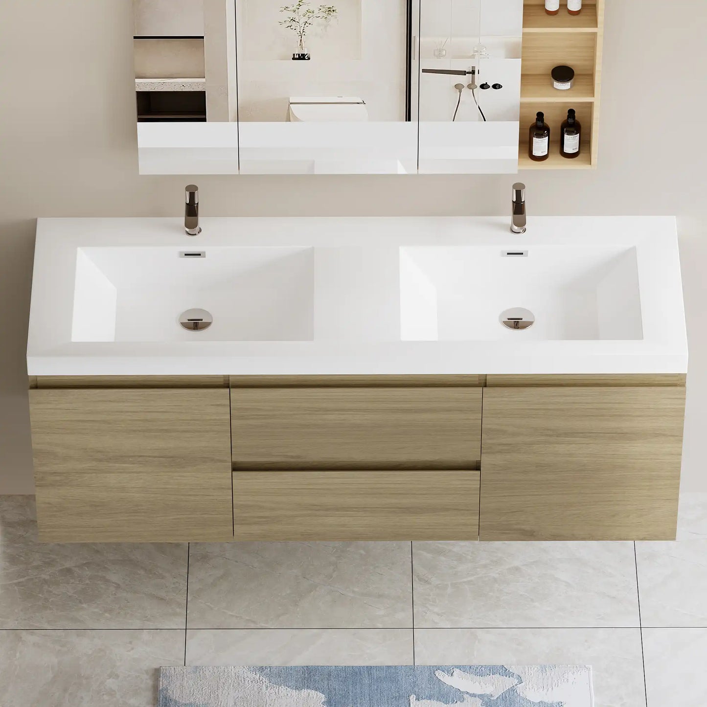 Modern Floating Bathroom Vanity with Resin Top Basin & Soft Close Drawers - Wall-Mounted Storage Cabinet color: Oak