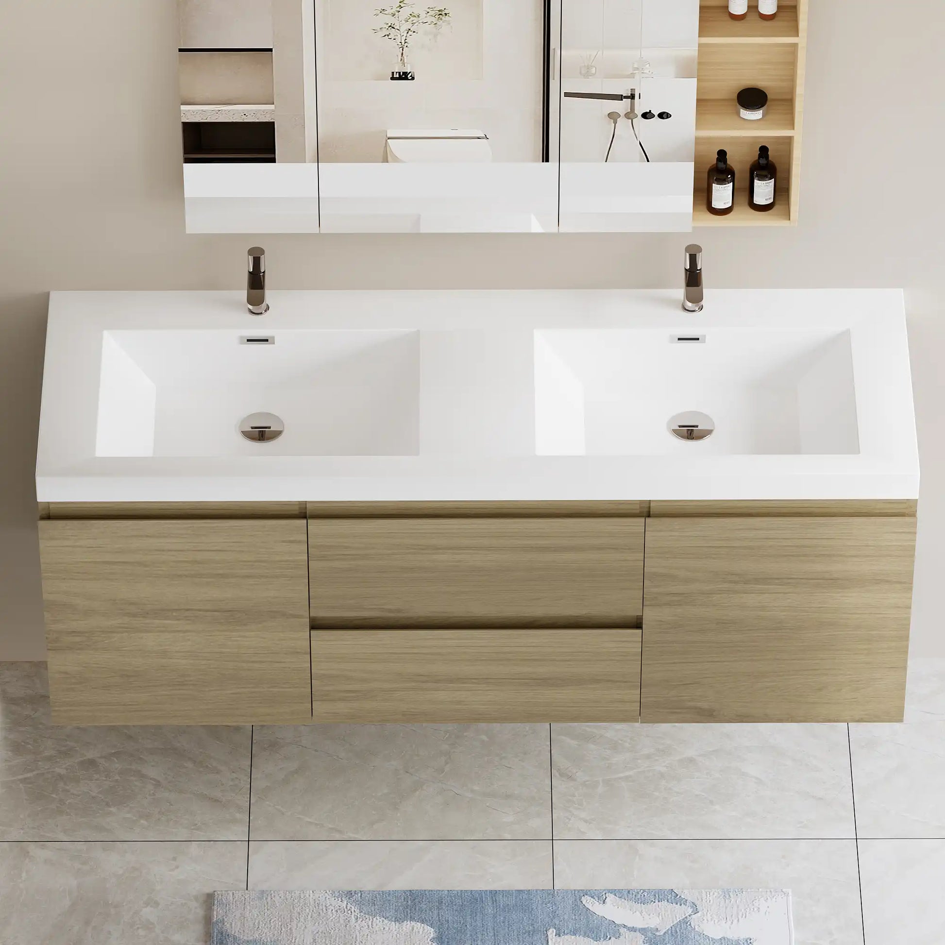 47/59" Modern Floating Bathroom Vanity with Resin Top Basin color: Oak | sink: Double