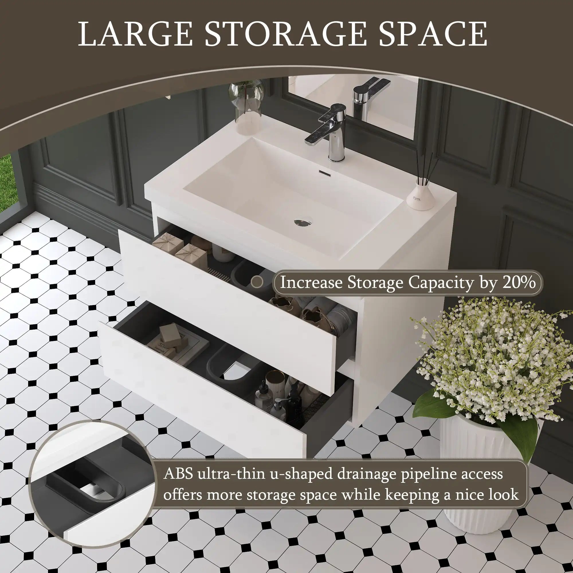 Oakmere Series 30" White Bathroom Floating Vanity with Resin Sink &amp; 2 Soft-Close Drawers