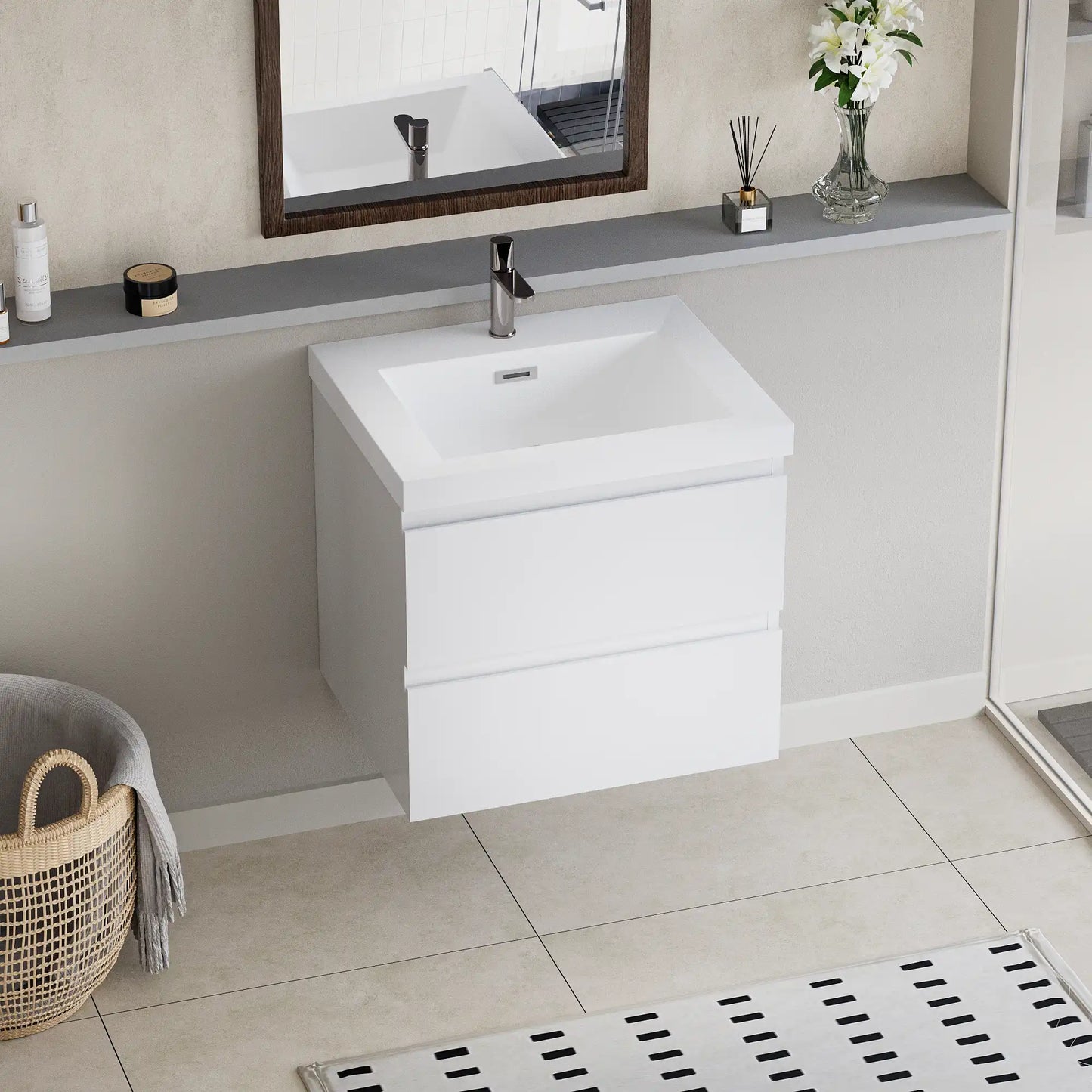 Floating Bathroom Vanity with Resin Top Basin & Soft Close Drawers - Modern Wall-Mounted Storage Cabinet color:White