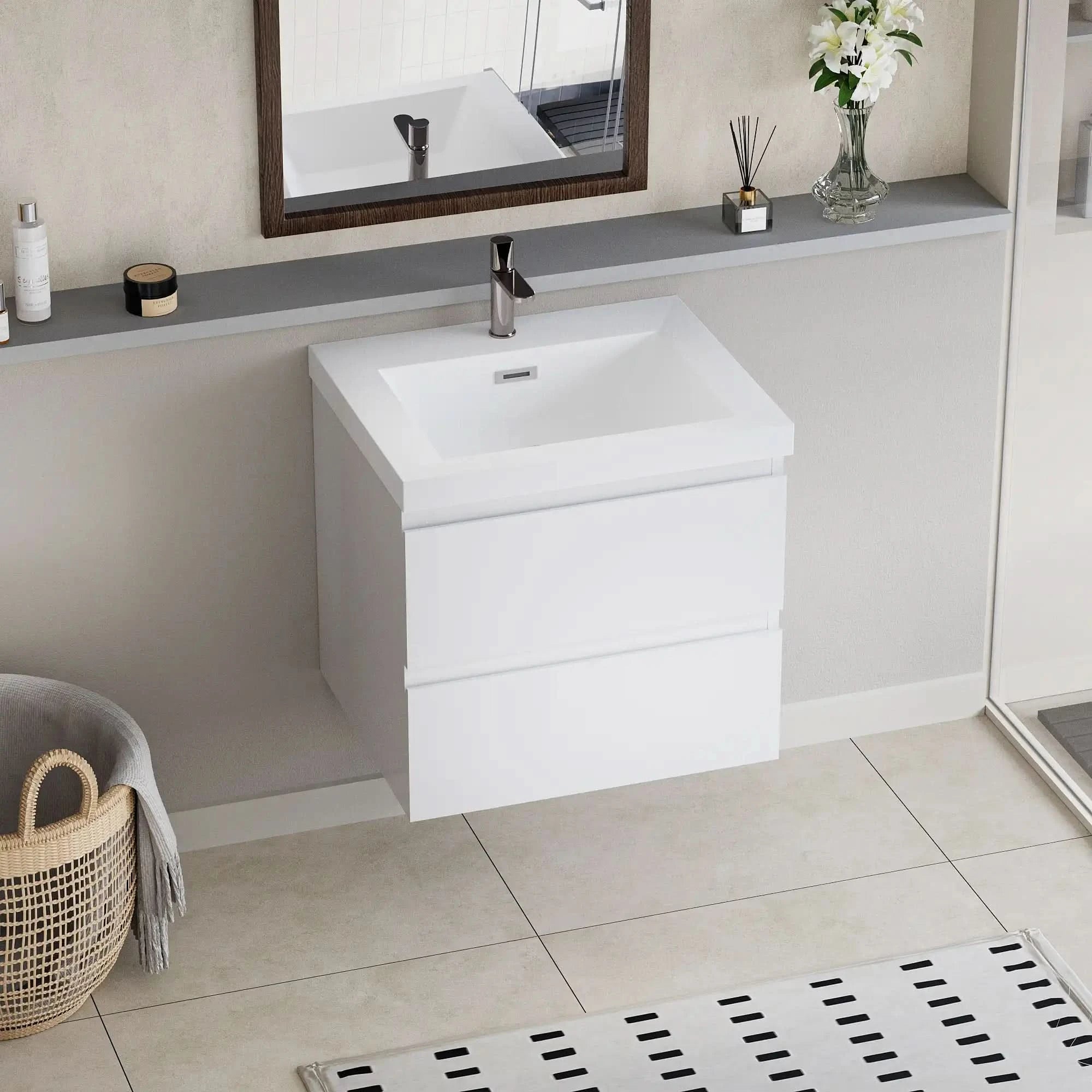 Floating Bathroom Vanity with Resin Top Basin & Soft Close Drawers - Modern Wall-Mounted Storage Cabinet color:White