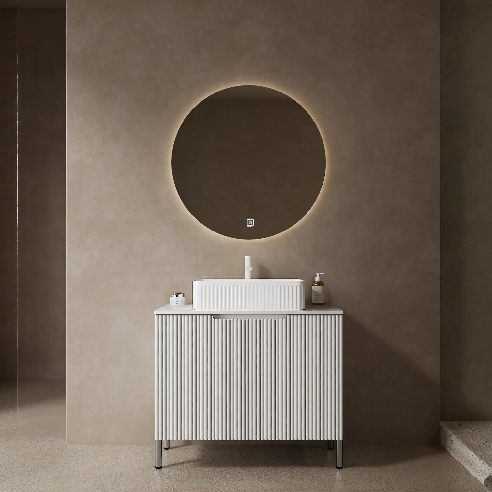 30-inch white bathroom vanity styled in a modern bathroom with freestanding layout.