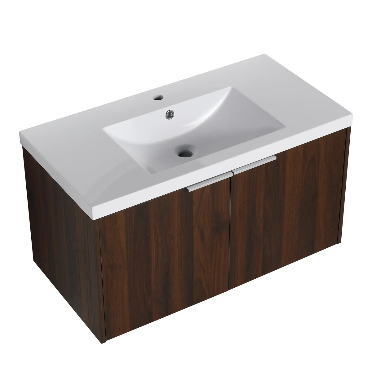 Top angled view of the 36 inch bathroom vanity in walnut with integrated resin sink and white metal handles.