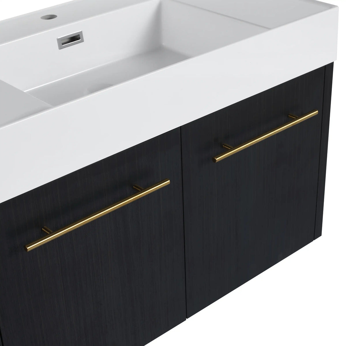 Close-up of 36 inch wall mounted bathroom vanity in black chestnut showing gold metal handles.