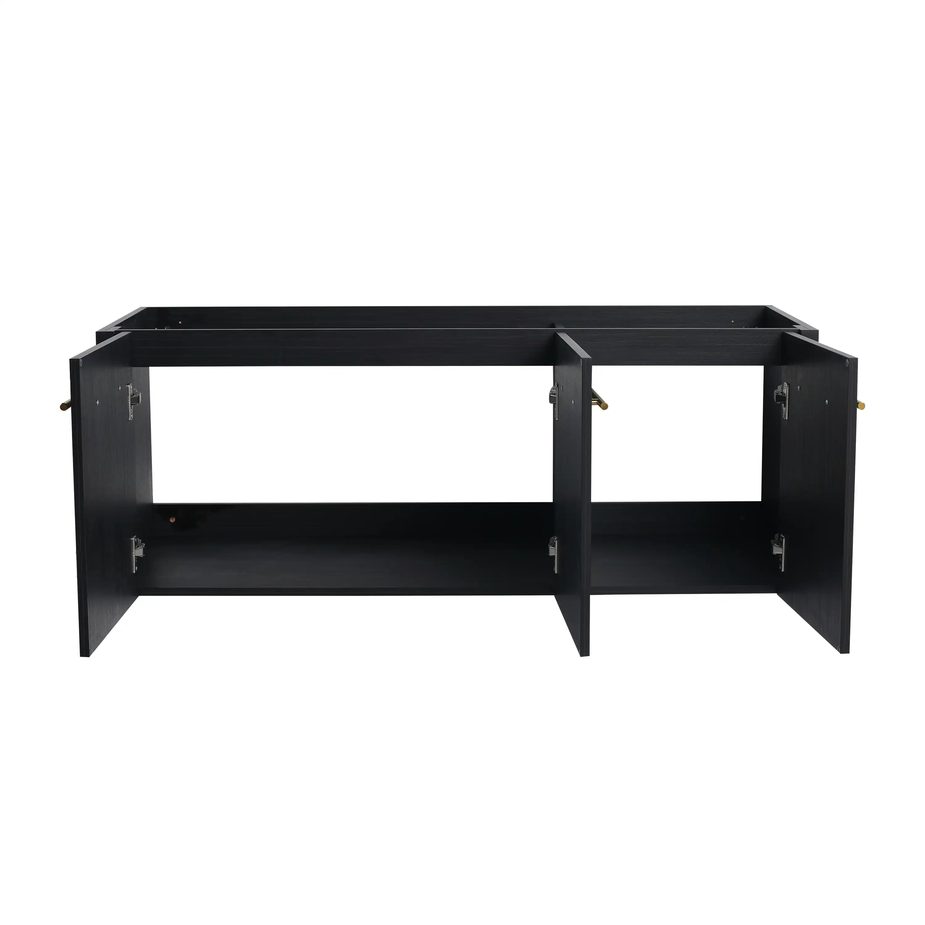 48" vanity cabinet without sink black chestnut base with open doors showing interior storage layout.