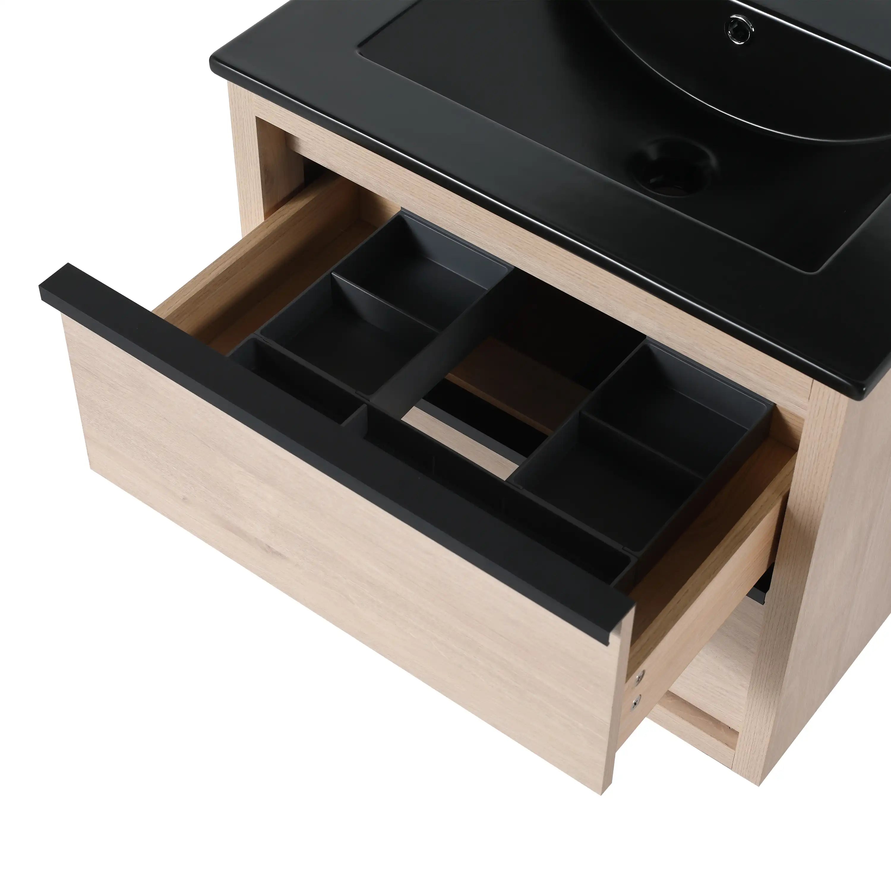 24" wall mounted bathroom vanity open drawer detail with built-in organizer.