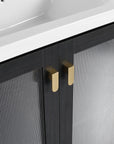 Hudson Reed 28" freestanding bathroom vanity with  gold metal handle close-up view.