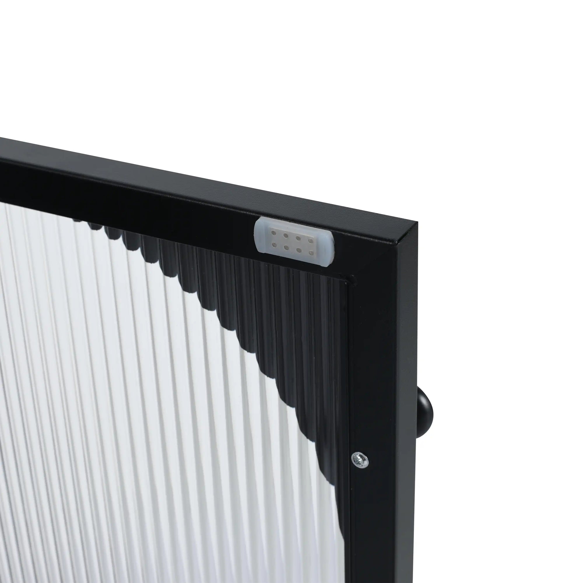 Close up of acrylic cabinet door with magnetic stop on AeroGrid Series bathroom vanity.