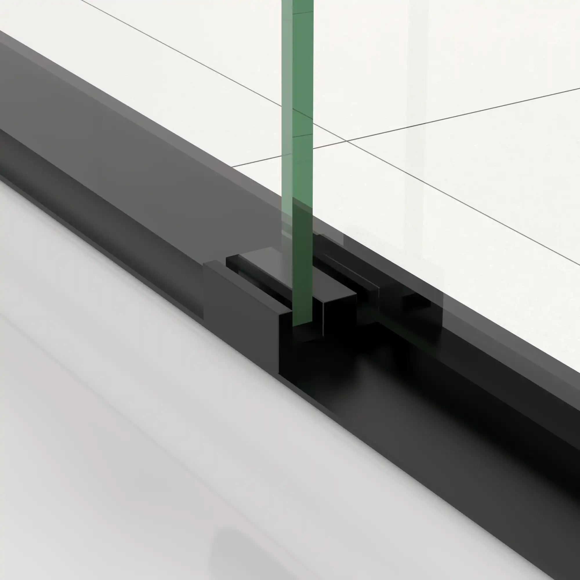 Bottom guide block close-up of 60 x 70 black framed sliding shower door.