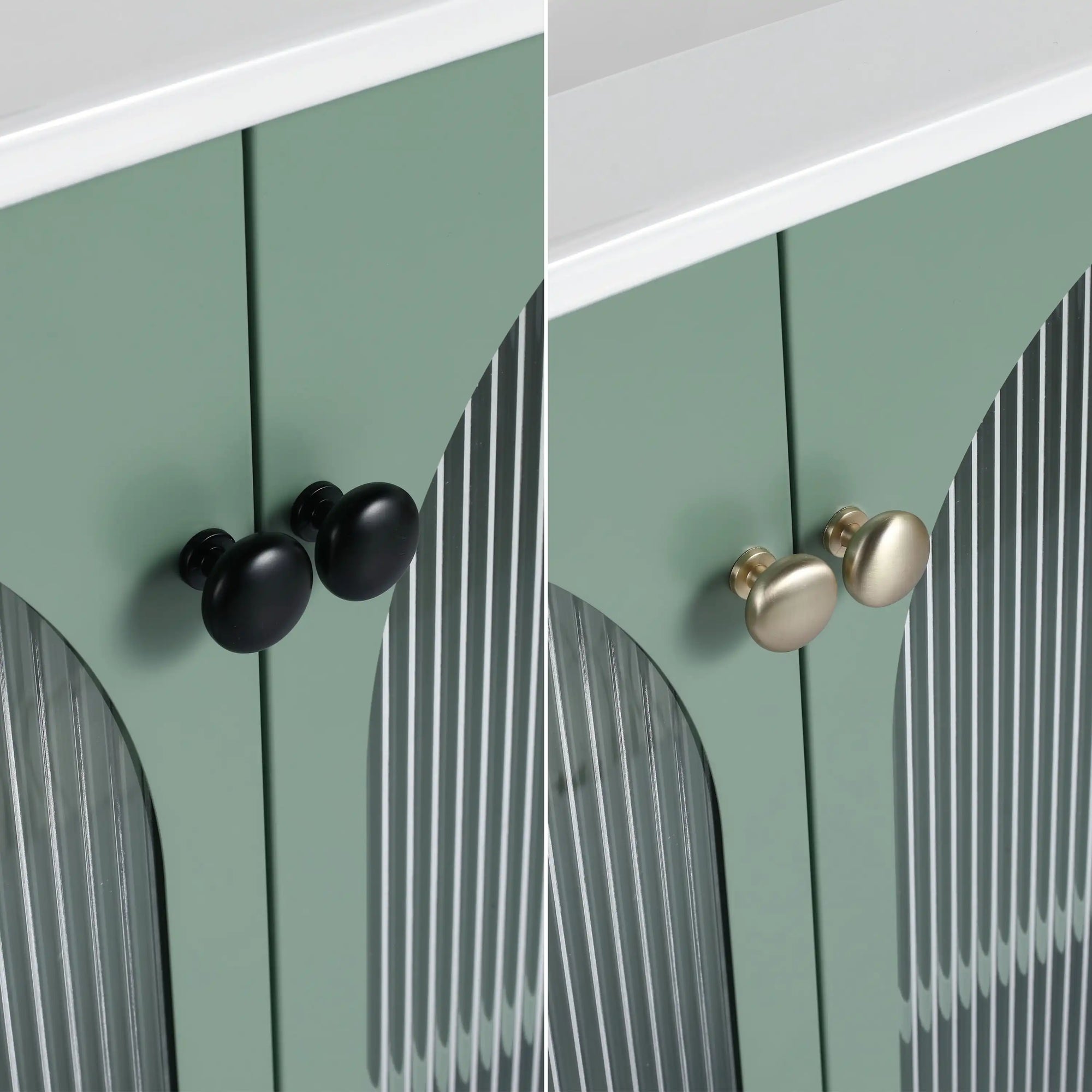 Handles of AeroGrid 30" mint green bathroom vanity with matte black and brushed gold options.