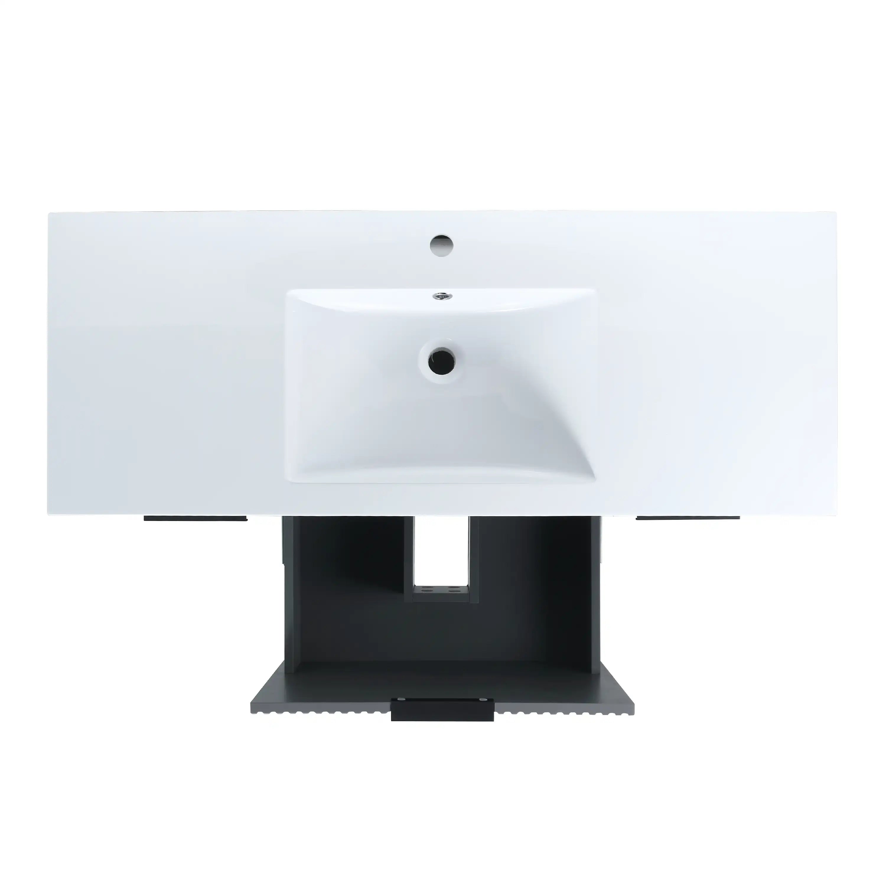 Resin sink with pre-drilled faucet hole and overflow of the 48-inch grey freestanding vanity.