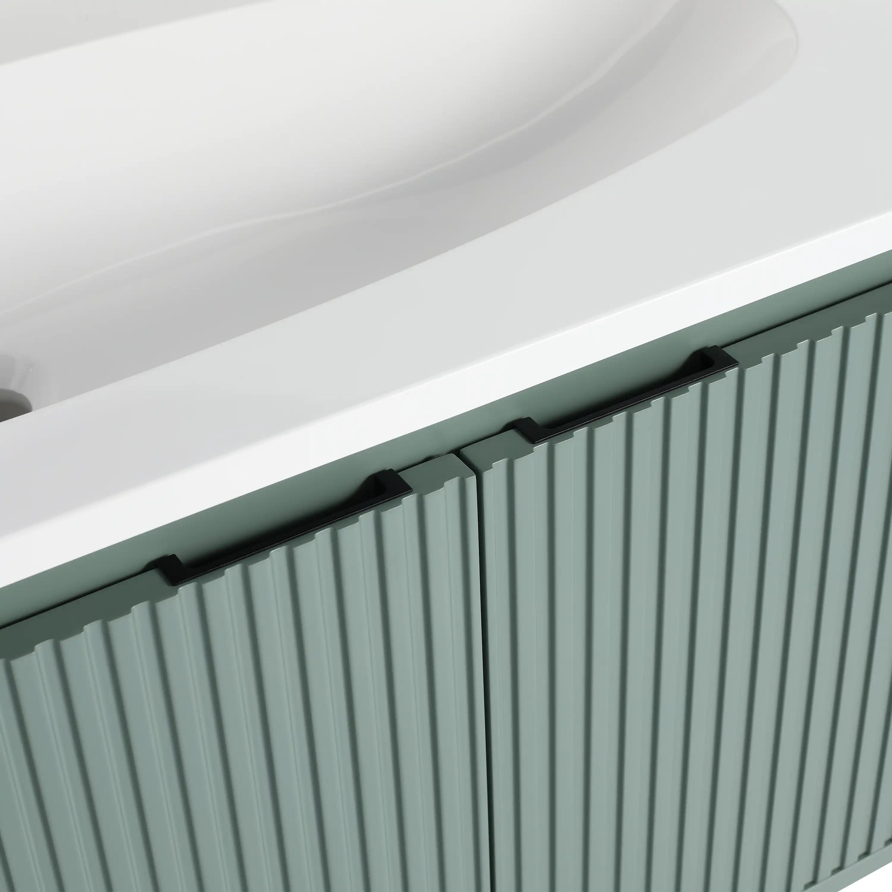 Saga Flute Series 36" vanity bathroom hidden pull handle design close-up.