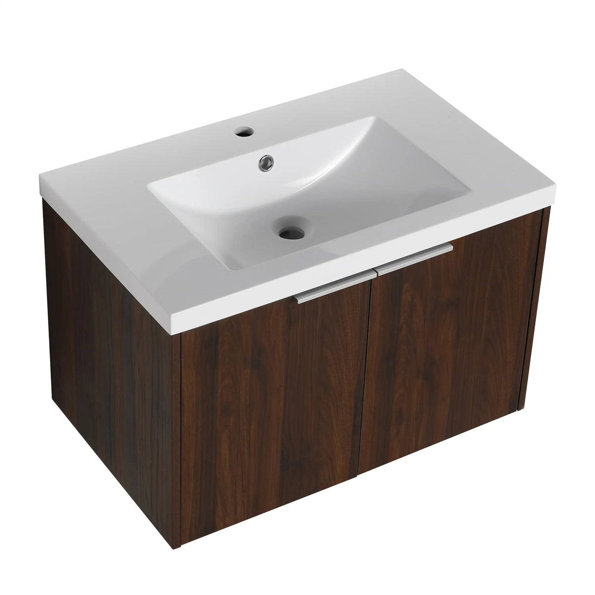 Angled view of the 30 inch wall-mounted bathroom vanity in california walnut finish.