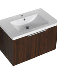 Angled view of the 30 inch wall-mounted bathroom vanity in california walnut finish.