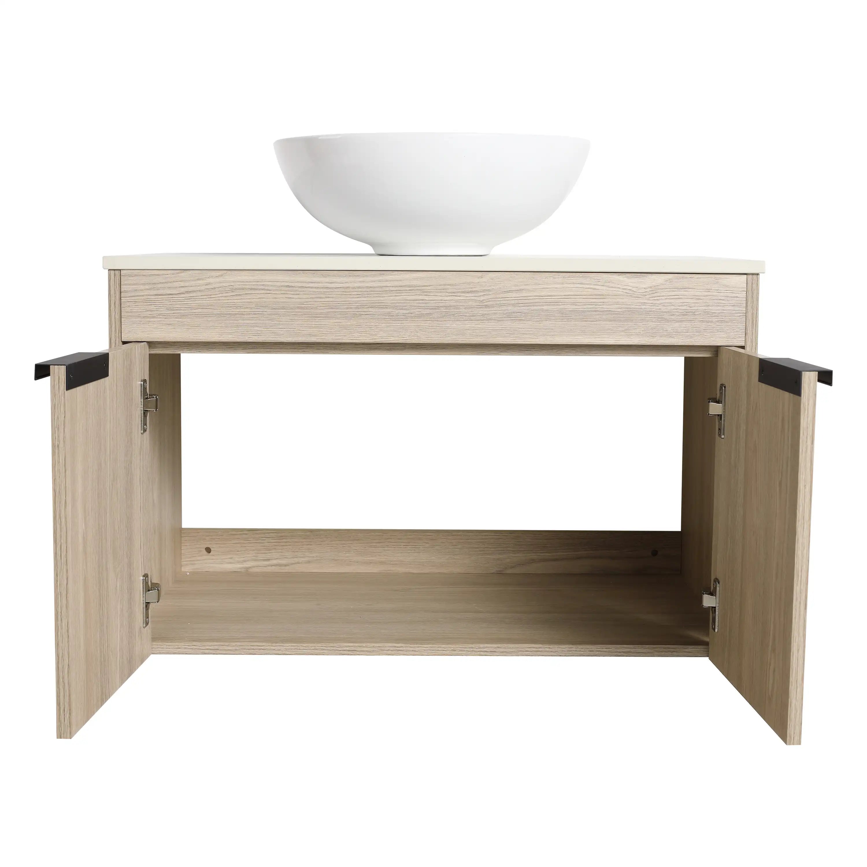 Oakline Vessel Series 30-inch wall-mounted vanity with open cabinet doors showing interior storage.